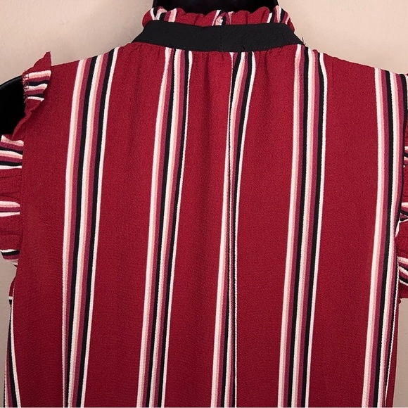 Medium Burgundy Red Striped Blouse Ruffle Accent Tie Neckline Accent Sleeveless - Picture 7 of 13